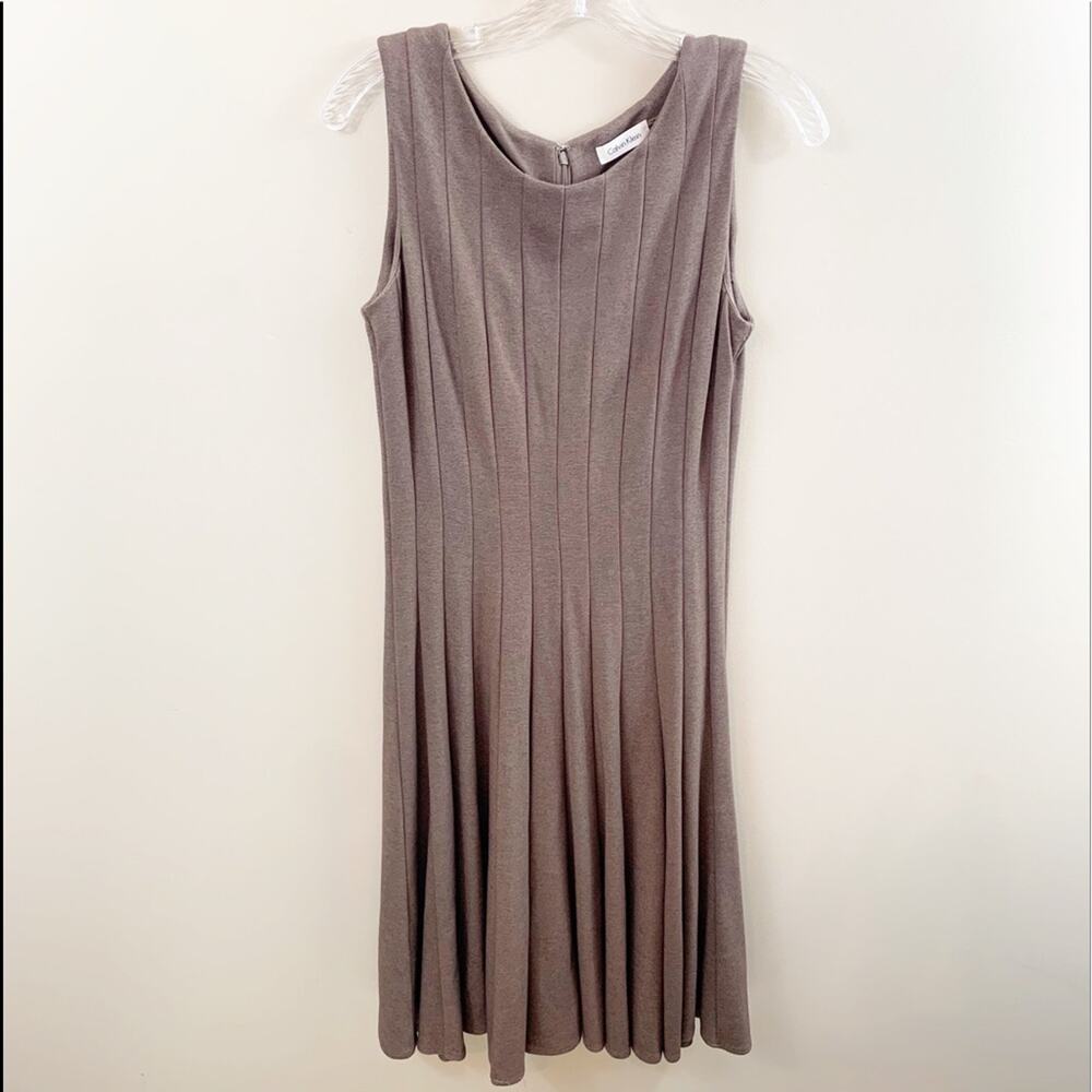 Calvin Klein Sleeveless Paneled Pleats Taupe Midi Dress